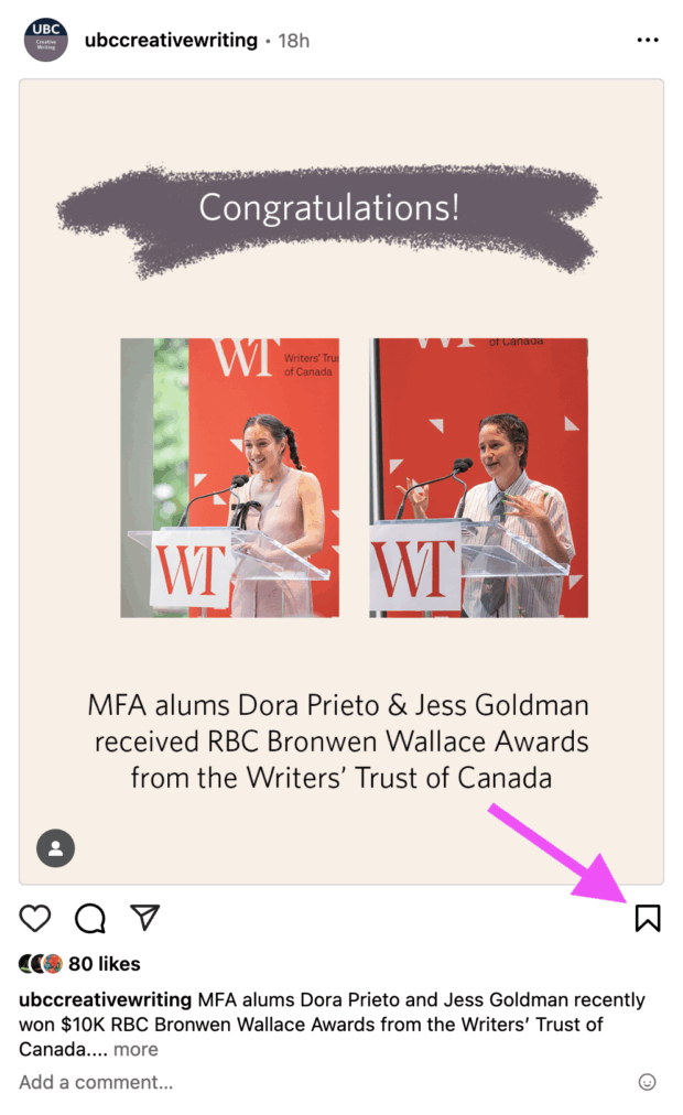 instagram post from @ubccreativewriting celebrating two MFA alums winning the RBC Bronwen Wallace Awards