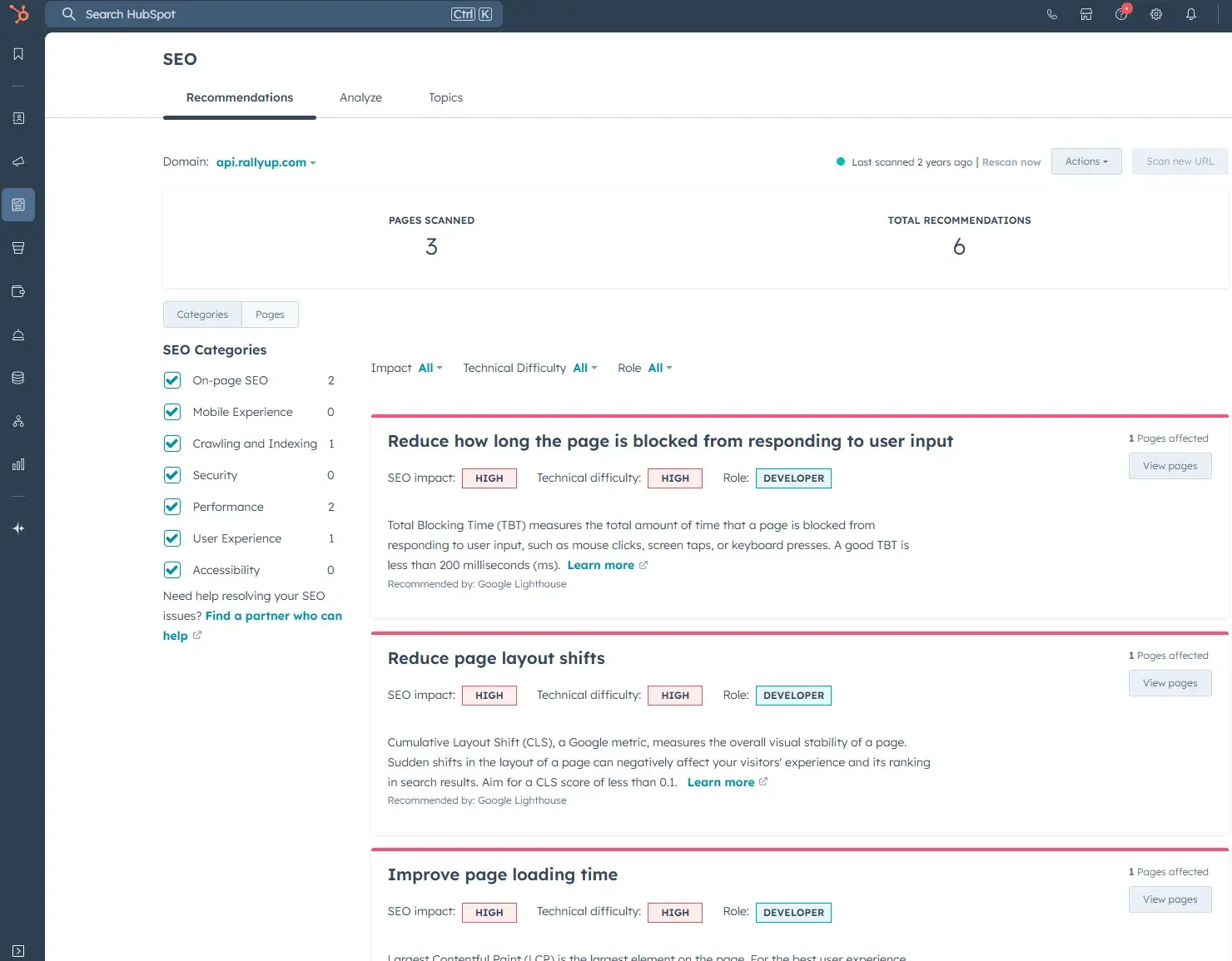 screenshot from hubspot’s seo technical tool shows the breakdown of technical seo issues with prioritization.