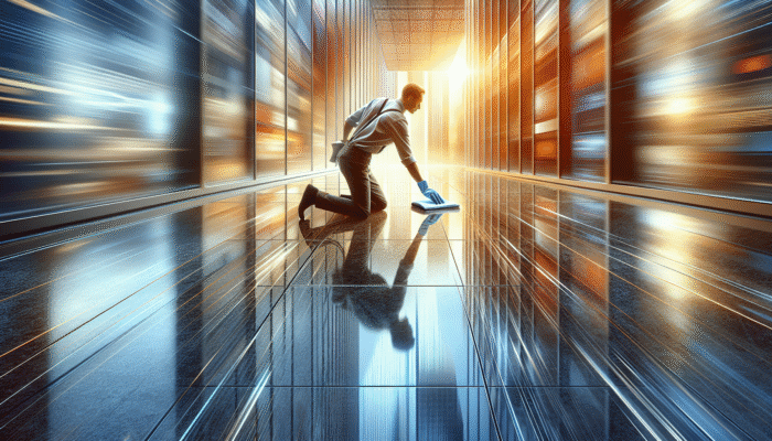 A person cleaning a glossy granite floor with a soft cloth and specialized cleaner, reflecting a vibrant room.