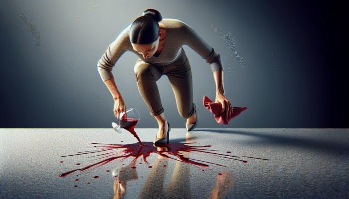 Person blotting red wine spill on granite floor with cloth to prevent stains and etching.