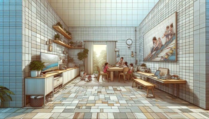 Ceramic tiles in a bustling family home, showcasing their durability and resistance to scratches, stains, and moisture.