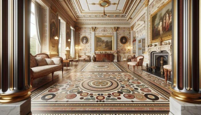Victorian-era room in Edinburgh showcasing intricate terrazzo flooring and opulent decor.