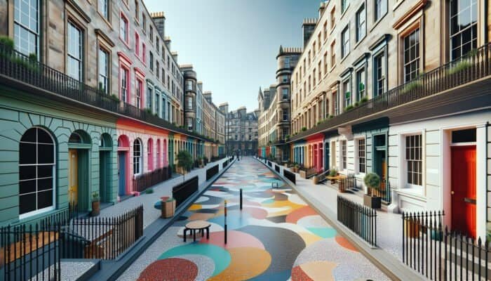 Edinburgh street featuring terrazzo flooring, blending Georgian and modern architecture with colourful designs.