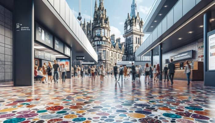 A vibrant terrazzo floor in Edinburgh's city centre, showcasing colourful, durable retro patterns.
