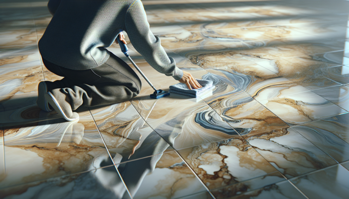 Person cleaning glossy travertine tiles in entryway, using soft cloth and mild solution, tiles reflecting light.