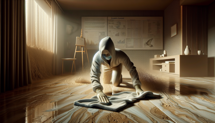 Person drying travertine floor with towels in humid UK home to prevent mould.