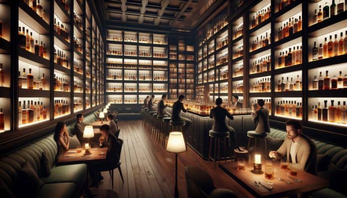 A dimly lit bar, The Library, with patrons enjoying rare whiskeys and quiet conversations.