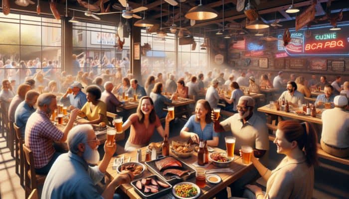 A lively Southern BBQ restaurant in Las Vegas with patrons enjoying smoked meats, sides, and craft beers.