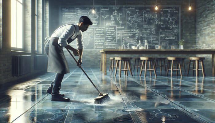 Person cleaning slate floors with mild solution, sweeping debris, rinsing, preparing for polishing.