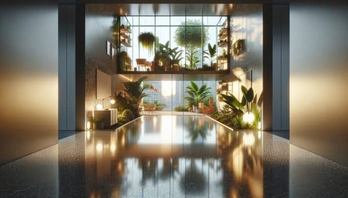 Restored terrazzo floor enhancing room's elegance, symbolising value, durability, and eco-friendliness.