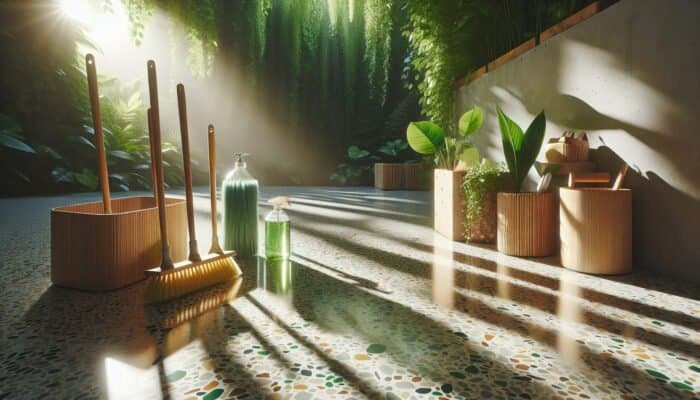 Restored terrazzo floor under natural light, surrounded by greenery, with eco-friendly tools and recycled materials.