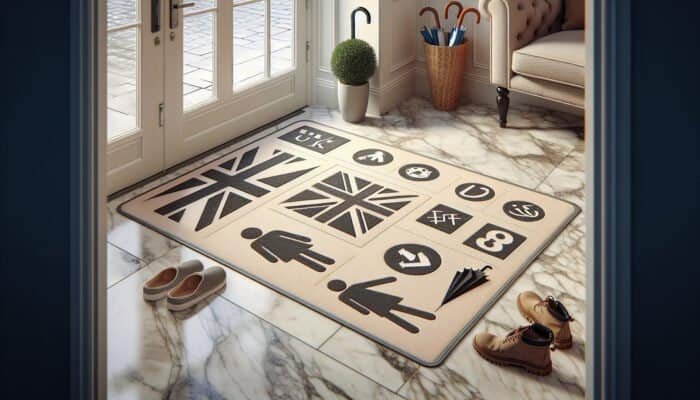 Marble floor with mats at entrances, reducing scratches and stains, in a UK home.