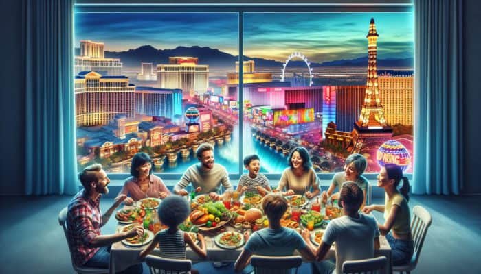 Family rallying around a meal in Las Vegas, with city attractions visible, enhancing their adventure.
