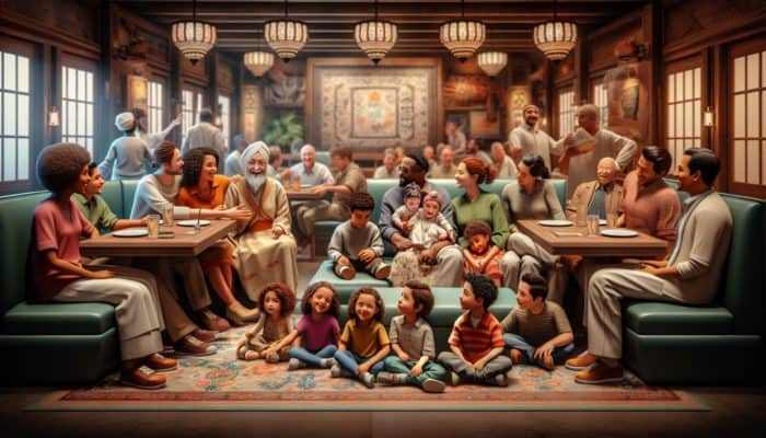 A family enjoying a relaxing meal in a cozy Las Vegas restaurant, resting and planning their next adventure.