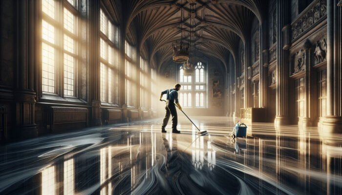 A person cleaning glossy marble floors in a Scottish Borders castle, ensuring no streaks, with sunlight streaming through windows.