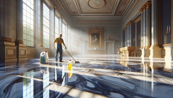 A person cleaning glossy marble floors in a historic Scottish Borders home, ensuring no streaks with sunlight through windows.