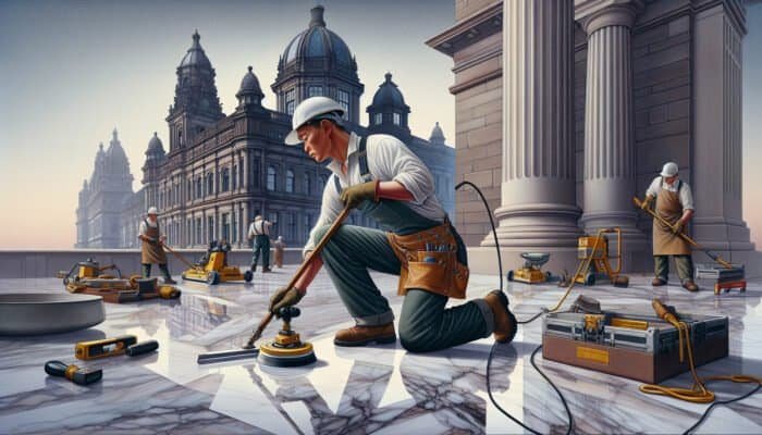 Skilled worker honing marble floors in Dundee, achieving a glossy finish amidst historic Scottish architecture.