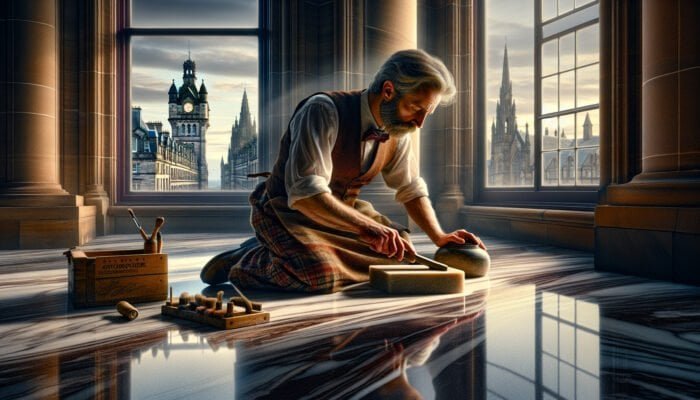 Skilled craftsman honing marble floors in Dundee, historic architecture visible through window.