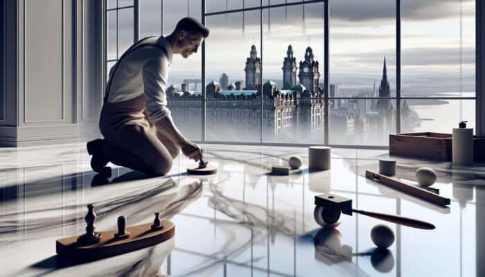 A craftsman in Dundee honing marble floors to a glossy finish, skyline visible.