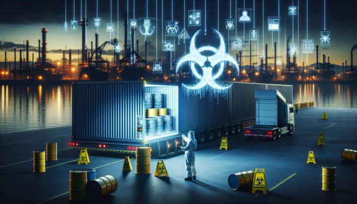 A hazmat-suited worker loading toxic waste barrels onto a truck under a biohazard sign at dusk.