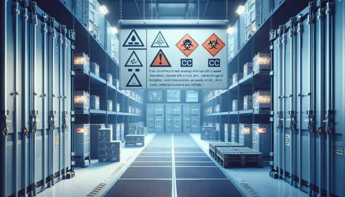 Secure storage facility with labeled, leak-proof containers for chemicals and e-waste, in a cool, dry area, marked with hazard symbols, compliant with UK regulations.