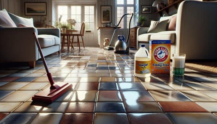 Tiled floor in a British home with clean grout, using vinegar, baking soda, and a steam cleaner.