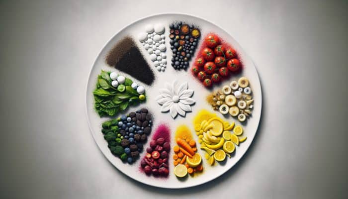 A minimalist plate with asymmetrical food placement, highlighting individual elements using negative space.