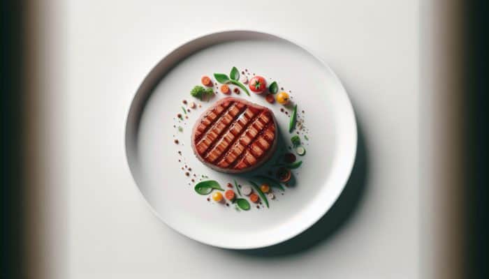 A beautifully cooked meat piece with vibrant vegetables on a white plate, using negative space for visual depth.