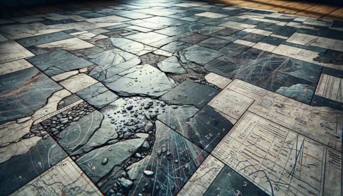 Close-up of a slate floor in Pilton with cracks and chips, showing moisture penetration from rain.