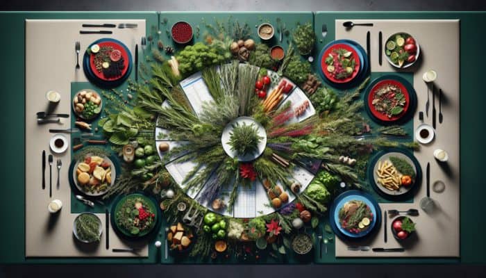 A festive table with fresh herbs like rosemary and thyme around a platter of repurposed Boxing Day leftovers.