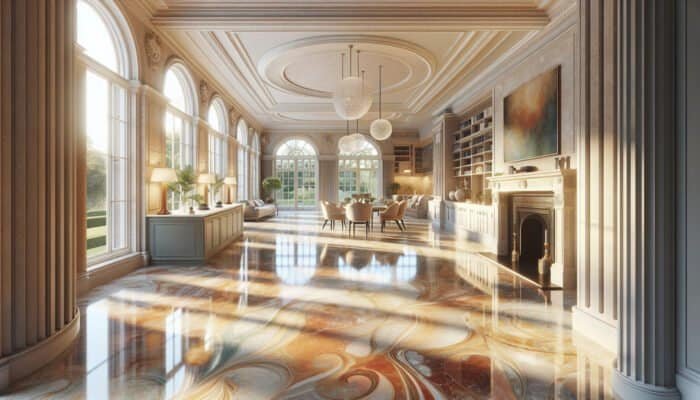 A beautifully restored limestone floor in a luxurious Thames Ditton home, showcasing vibrant hues and textures.
