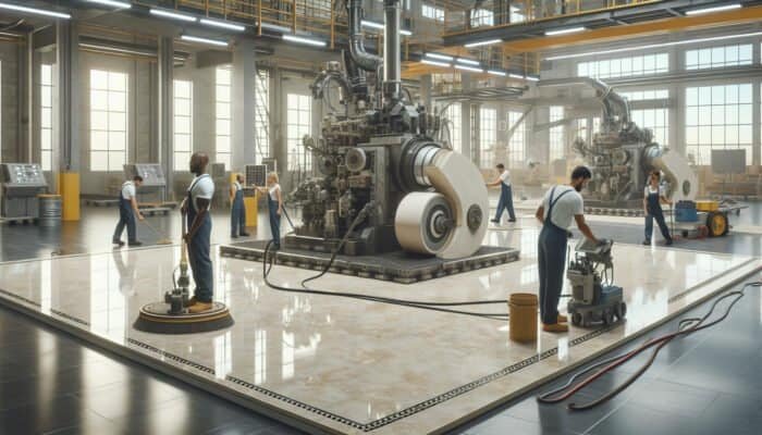 Limestone floor honing process with professionals using specialised machinery in a well-lit workshop.