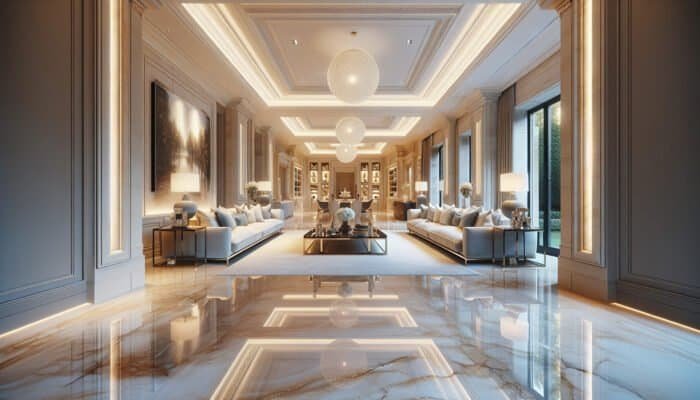 Highly polished limestone floor in a luxurious Thames Ditton home, reflecting light with a stunning, durable finish.