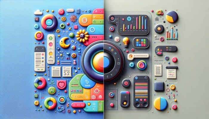 A split-screen image showing a colorful circular button for a children's app and a muted rectangular button for a financial services firm.