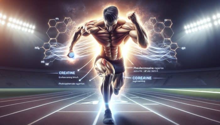 Muscular athlete sprinting on track, empowered by creatine's ATP regeneration.