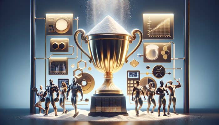 Gold trophy with creatine powder, testing equipment, and athletes, symbolising Brand A's quality and trust.