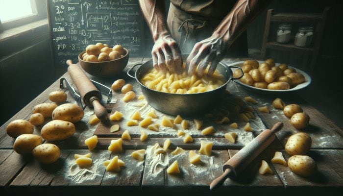 Hands peeling, boiling, and mashing potatoes on a wooden table with flour and rolling pin for gnocchi preparation.