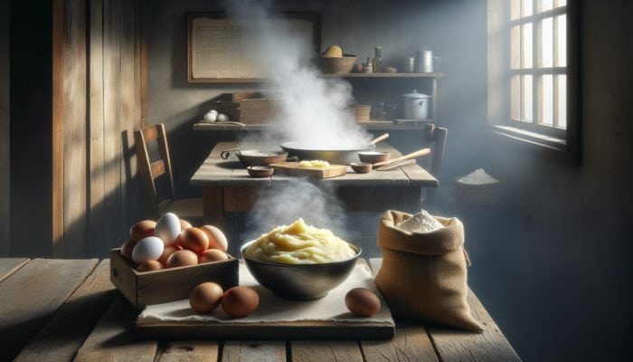 A bowl of steaming mashed potatoes cooling on a wooden table, surrounded by eggs and flour for gnocchi.