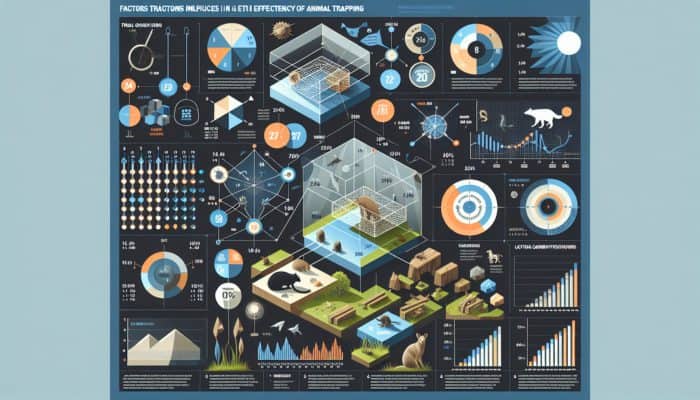 Infographic showing trap design, bait effectiveness, location, and environment impacting trapping efficiency with graphs and illustrations.