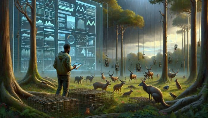 A wildlife manager adjusting traps in a forest during a storm, using a device to monitor climate data, with adapting animals.