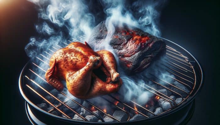 A whole chicken and brisket grilling indirectly on a barbecue, surrounded by smoke, cooking in their own juices.