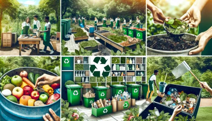 A vibrant eco-friendly garden showcasing composting, recycling, and biodegradable waste management.