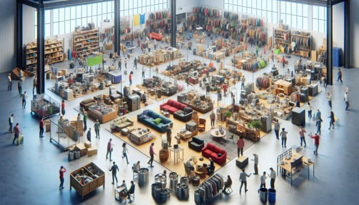 A vibrant community center with donated items where people participate in reuse programs, fostering sustainability.