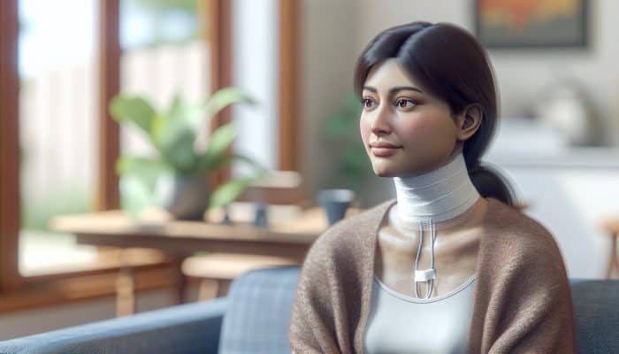 Patient in Canterbury with neck bandage from thyroid test, resting at home, awaiting results calmly.