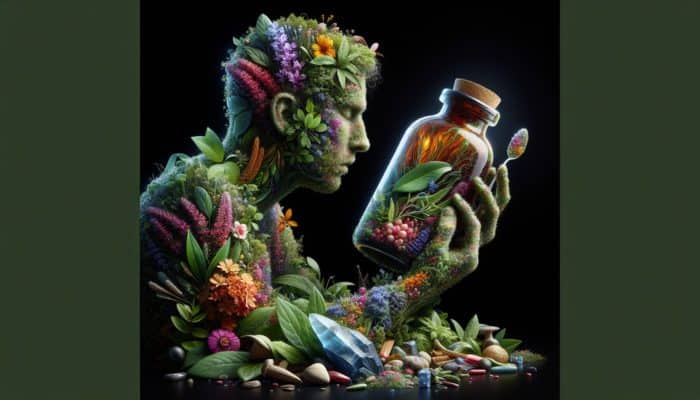 A person reading a herbal remedy bottle's ingredients list, surrounded by herbs and natural elements.