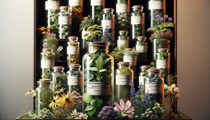 Close-up of herbal remedy labels with Latin names like Hypericum perforatum on glass bottles, surrounded by fresh herbs and flowers.