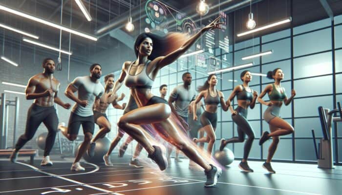 A fitness influencer demonstrating exercise equipment to health-conscious millennials in a modern gym.