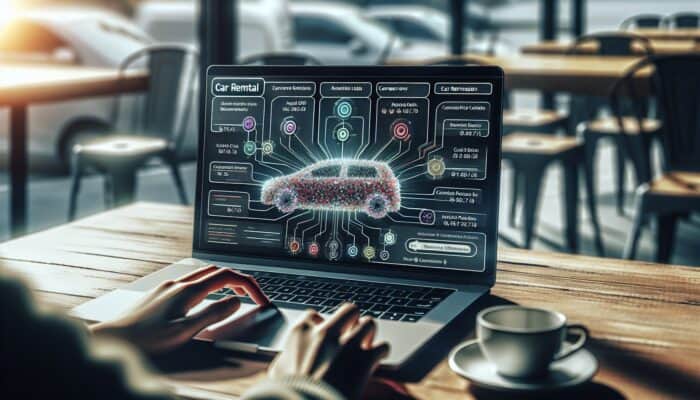 Person at a café using a laptop to compare car rental options and prices on an aggregator website.