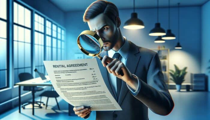 Person using a magnifying glass to read rental agreement, focusing on insurance and fees with concern.