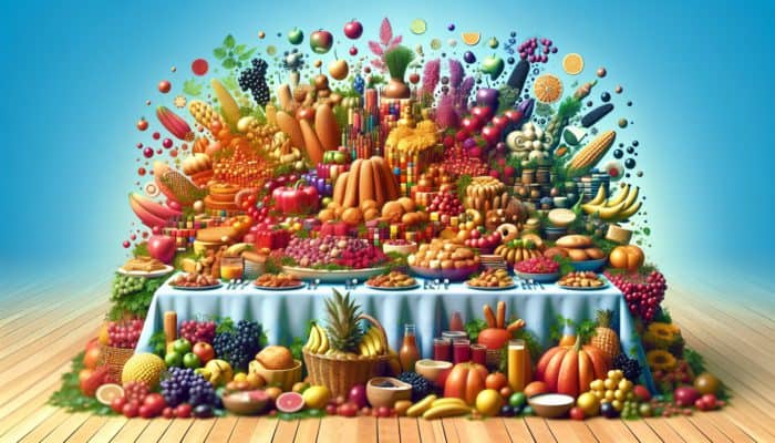 A vibrant table with colorful, artfully arranged foods of varying textures and heights.